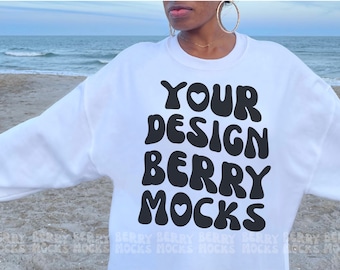 Front Of White Gildan 18000 Sweatshirt Mockup, Words On Back Gildan Mockup, Oversized Hoodie Mockup, Nature Beach Trendy Back Of Sweatshirt