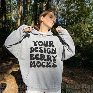 Sport Grey Gildan 18500 Mockup Gildan Mockup, Gildan Mockup Oversized Hoodie Mockup Nature Trendy Forest Fall Gildan Sweatshirt
