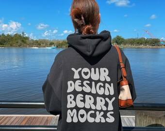 Back of 18500 Mockup, Black Gildan Mockup, Oversized Hoodie Mockup, Nature Trendy Mockup Gildan Sweatshirt Next To River Downtown Fall