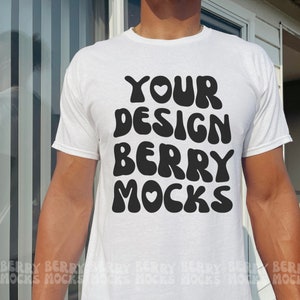 White Gildan 5000 Shirt Male Mockup Summer Model Oversized Shirt Mockup Lifestyle Trendy Vsco African American Black Latin Mixed Man