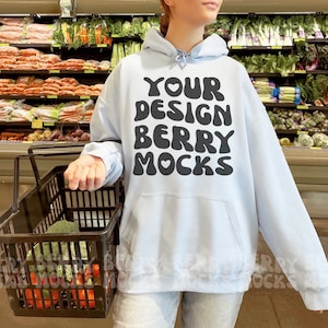 Gildan 18500 Mockup, Light Blue Gildan Mockup, Front Gildan Hoodie Mockup Oversized Hoodie Mockup Grocery Store Supermarket Indoors Trendy