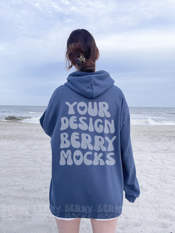 Gildan 18500 Mockup Indigo Blue Hoodie, Words On Back Gildan Mockup, Oversized Hoodie Mockup Nature Beach Trendy Mockup Dark Blue Sweatshirt