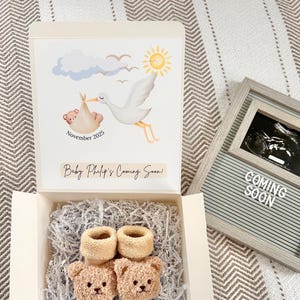 Stork & Teddy Bear Pregnancy Announcement Box: Custom Blanket, Due Date