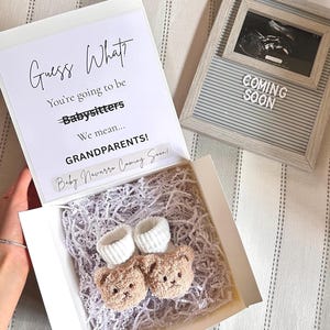 Funny Babysitter Pregnancy Announcement Box: Teddy Bear Booties, Grandparent Gift