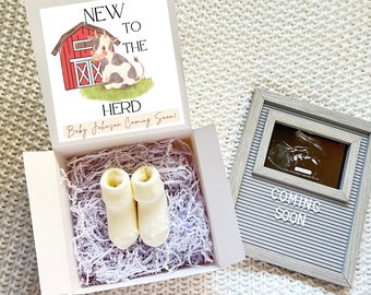 Farm Inspired Baby Reveal Box/ Baby Booties / Pregnancy Announcement Booties/ “New to the Herd” Grandparents Reveal / Baby Cow/ Red Barn