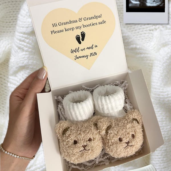 Grandparents Pregnancy Announcement Box | Baby Bear Booties + Baby Feet Reveal Box | Family Announcement, Grandparents | Gift Box 5x5x3