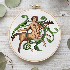 May include: A cross-stitch embroidery hoop with a design of a centaur with a human torso and a horse's body. The centaur is surrounded by green vines and is holding a tray with a small building on it.