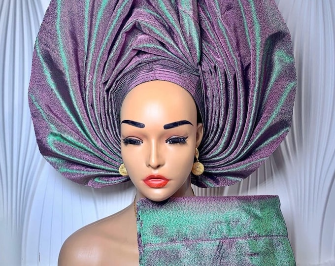 Aso oke Auto Gele Fan for women. Ready to wear Head wrap.