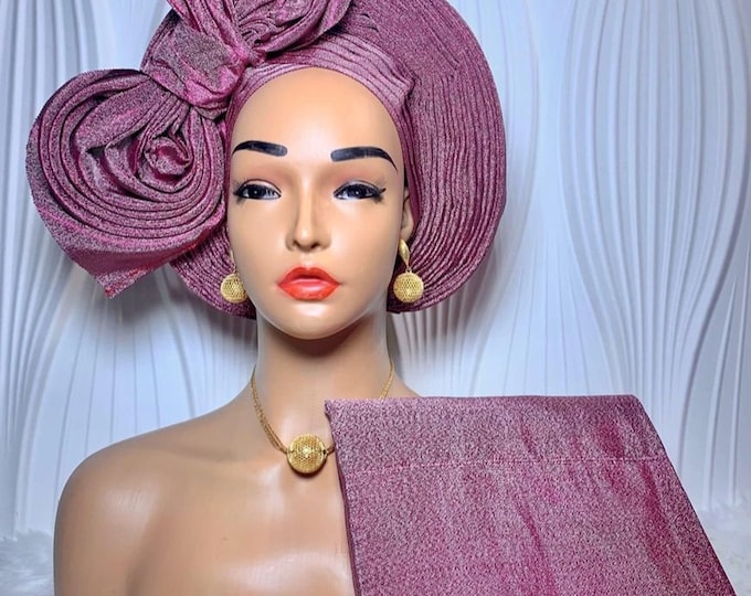 Side Bow Purple Aso Oke Auto Gele with Iborun