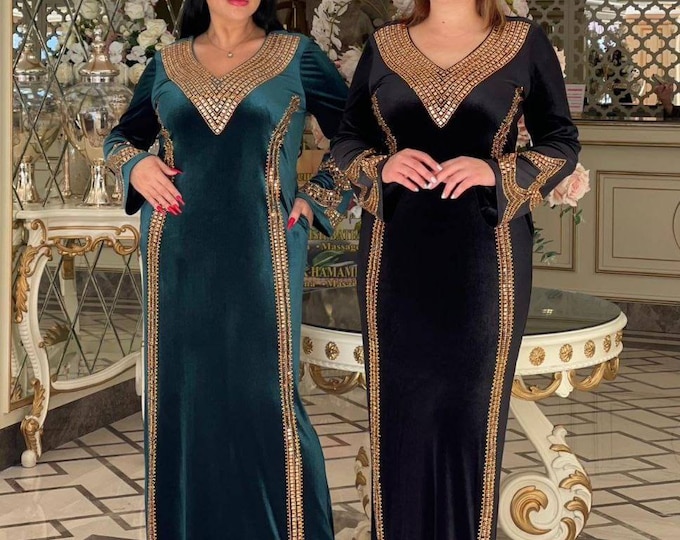 Amy V Neck Green Velvet Long Dress for Women.