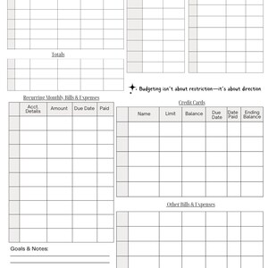 Puede incluir: Una lista de verificaci&oacute;n mensual imprimible de facturas y gastos con secciones para ingresos, ahorros, suscripciones, facturas recurrentes, tarjetas de cr&eacute;dito y otros gastos. Incluye espacio para metas y notas. Texto: "Monthly Bill & Expense Checklist".