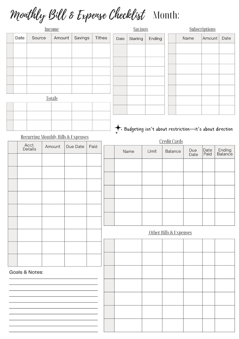Puede incluir: Una lista de verificaci&oacute;n mensual imprimible de facturas y gastos con secciones para ingresos, ahorros, suscripciones, facturas recurrentes, tarjetas de cr&eacute;dito y otros gastos. Incluye espacio para metas y notas. Texto: "Monthly Bill & Expense Checklist".