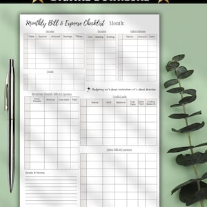 Puede incluir: Una lista de verificaci&oacute;n mensual imprimible de facturas y gastos con secciones para ingresos, ahorros y suscripciones. El documento incluye &aacute;reas para facturas recurrentes, tarjetas de cr&eacute;dito y otros gastos. El texto "DESCARGA DIGITAL" est&aacute; en la parte superior.