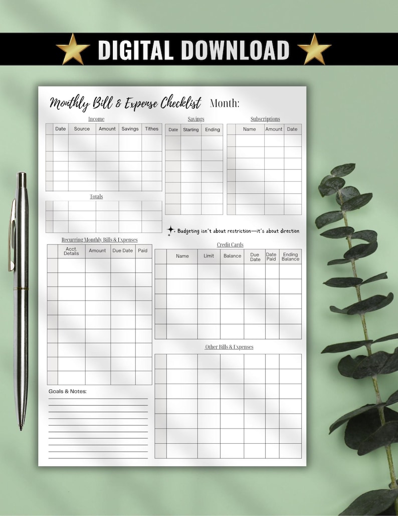 Puede incluir: Una lista de verificaci&oacute;n mensual imprimible de facturas y gastos con secciones para ingresos, ahorros y suscripciones. El documento incluye &aacute;reas para facturas recurrentes, tarjetas de cr&eacute;dito y otros gastos. El texto "DESCARGA DIGITAL" est&aacute; en la parte superior.