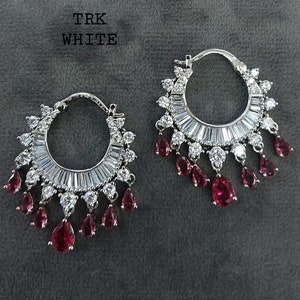 American Diamond Bali Earrings with Ruby Red and White Zircon Stones