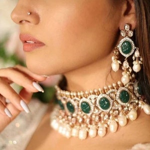Sabyasachi Inspired Uncut Polki Foil Kundan Choker Set with Emerald Green Carved Stones and Pearls, Includes Earrings and Tika