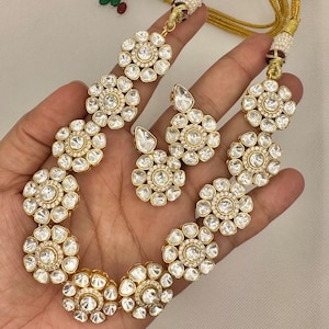 Sabyasachi Inspired Bridal Moissanite Uncut Polki Kundan Medium Length/ Choker Necklace Set, with Earrings