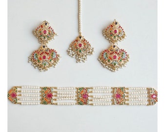 Gold Finish Multicolor Navratan Choker Necklace Set with Earrings and Tika