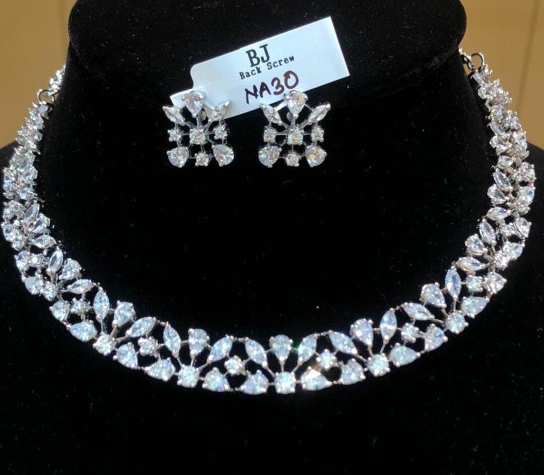 Silver Finish American Diamond Choker Necklace Set With Earrings Etsy