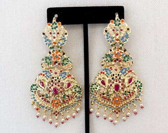 Gold Finish Multicolor Navratan Earrings With Zircons and Pearls