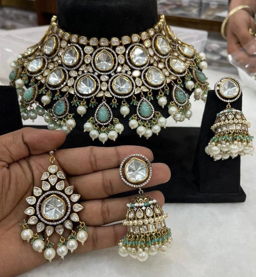 Sabyasachi Inspired Bridal Uncut Polki Kundan Necklace Set with Mint Turquoise Amarpali Carved Stones Pearls with Jhumka Earrings Tika