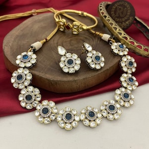 Sabyasachi Inspired Bridal Moissanite Uncut Polki Kundan Medium Length/ Choker Necklace Set, with Earrings - Sapphire Blue
