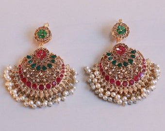 Multicolor Gold Plated Kundan Earrings with Pearls
