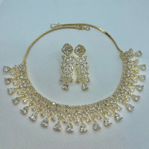 Gold Finish American Diamond Choker Necklace Set with Earrings