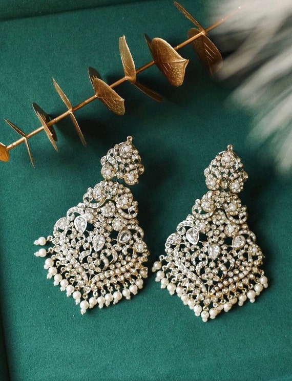 Silver Plated Pearl and American Diamond Encrusted Earrings Etsy