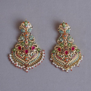 Gold Finish Multicolor Navratan Earrings with Zircons and Pearls