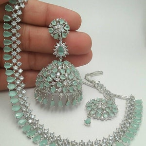 Silver Finish American Diamond and Mint Green Stones Choker Necklace Set with Statement Jhumki Earrings and Tika