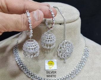 Silver Finish American Diamond Stones Choker Necklace Set with Jhumki Earrings and Tika