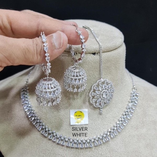 Silver Finish American Diamond Stones Choker Necklace Set with Jhumki Earrings and Tika