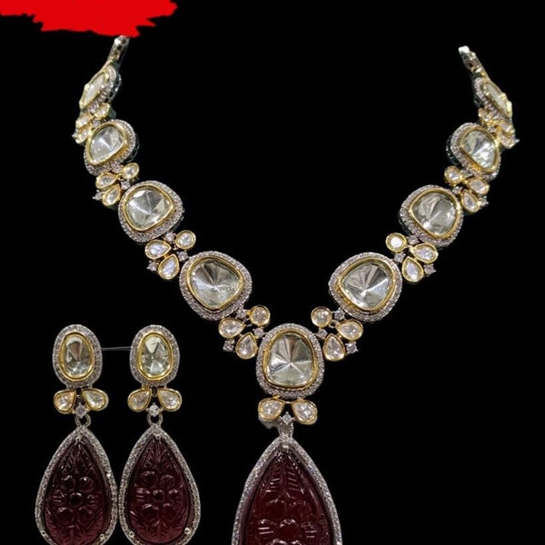 Sabyasachi Inspired Uncut Polki Foil Kundan Necklace Set with Ruby Red Amarpali Carved Stones , Includes Earrings