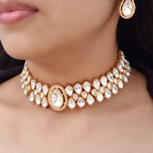 Sabyasachi Inspired Bridal Moissanite Uncut Polki Kundan Choker Necklace Set, with Earrings and Tika