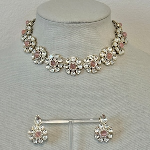 Sabyasachi Inspired Bridal Moissanite Uncut Polki Kundan Medium Length/ Choker Necklace Set, with Earrings - Pink