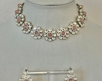 Sabyasachi Inspired Bridal Moissanite Uncut Polki Kundan Medium Length/ Choker Necklace Set, with Earrings - Pink