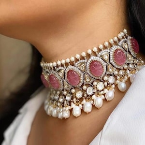 Sabyasachi Inspired Uncut Polki Kundan Choker Set with Pink Carved Stones and Pearls, Includes Earrings & Tika