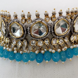 Sabyasachi Inspired Victorian Finish Dual Tone Uncut Polki Foil Kundan Choker Set with Pearls and Stones - Light Blue
