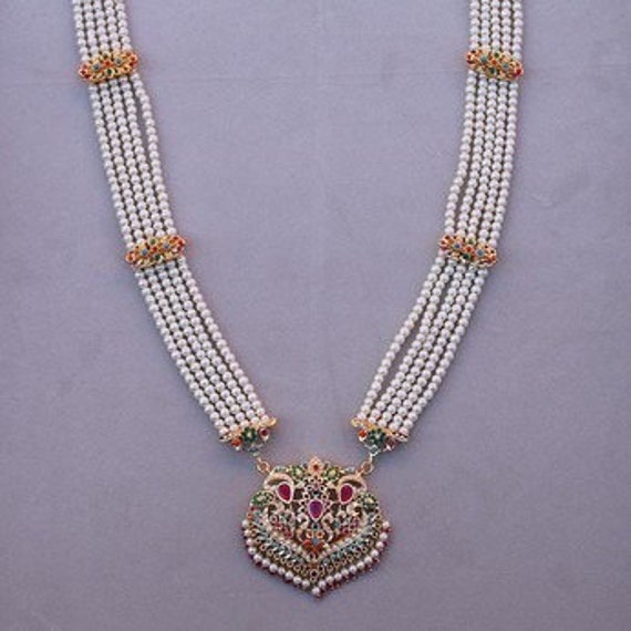 Gold Finish Navratan Stone and Pearl Rani Haar Long Necklace
