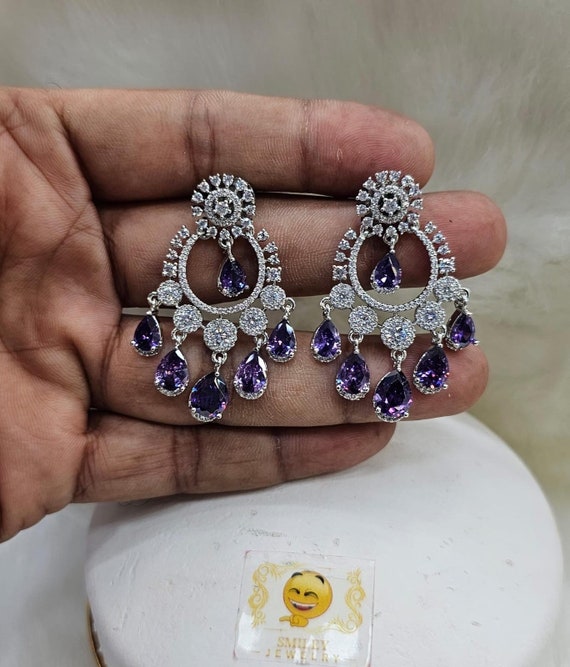 American Diamond Chand Bali Earrings with Amethyst Purple and White Zircon  Stones