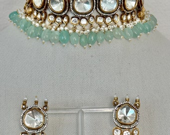 Sabyasachi Inspired Victorian Finish Dual Tone Uncut Polki Foil Kundan Choker Set with Pearls - Mint Green