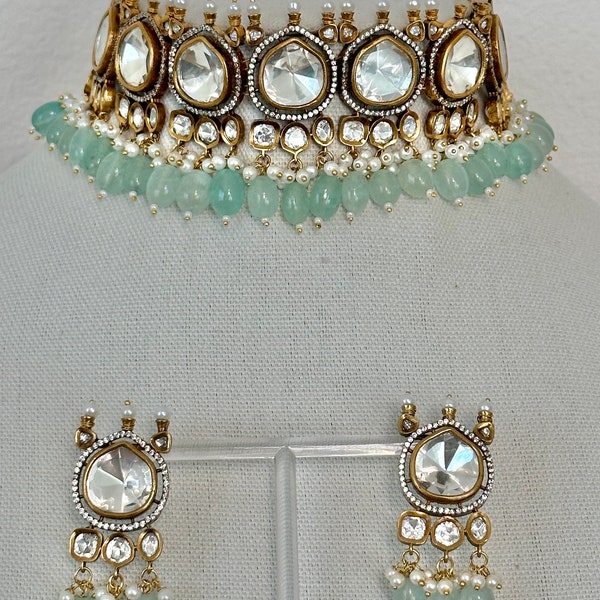 Sabyasachi Inspired Victorian Finish Dual Tone Uncut Polki Foil Kundan Choker Set with Pearls - Mint Green