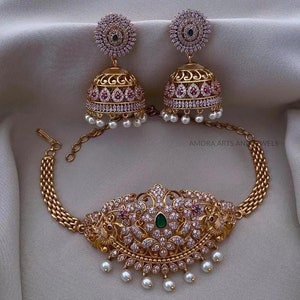 Sabyasachi Inspired South Indian Style Gold Finish Choker Set with Pearls and American Diamond Stones - Ruby Red & Emerald Green (Jhumki)