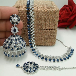 Silver Finish American Diamond and Sapphire Blue Stones Choker Necklace Set with Statement Jhumki Earrings and Tika