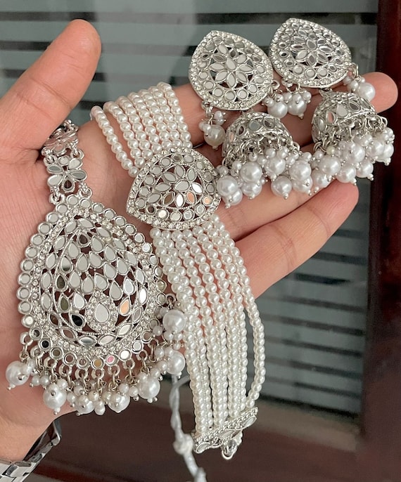 Silver Finish Farshi Mirror Work Kundan Stones Choker Necklace Set with Jhumki Earrings and statement Tika Paisley Design