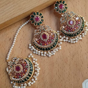 Earrings and Tika Set with Pearls, American Diamonds, and Emerald Green Colored Stones