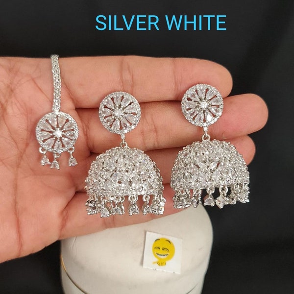 Silver Finish American Diamond Jhumka/Jhumki and Tika Set
