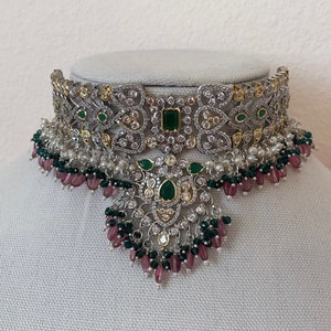Sabyasachi Inspired Victorian Finish Dual Tone Choker Set with Pearls, Green, Red Stones and Beads - Silver Finish Base