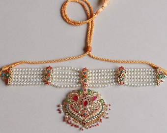 Gold Finish Multicolor Navratan Choker Necklace